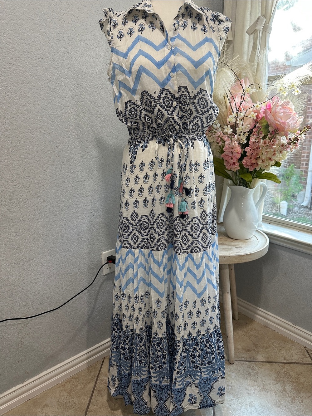 Blue and White Boho Maxi Dress with Tassel Tie